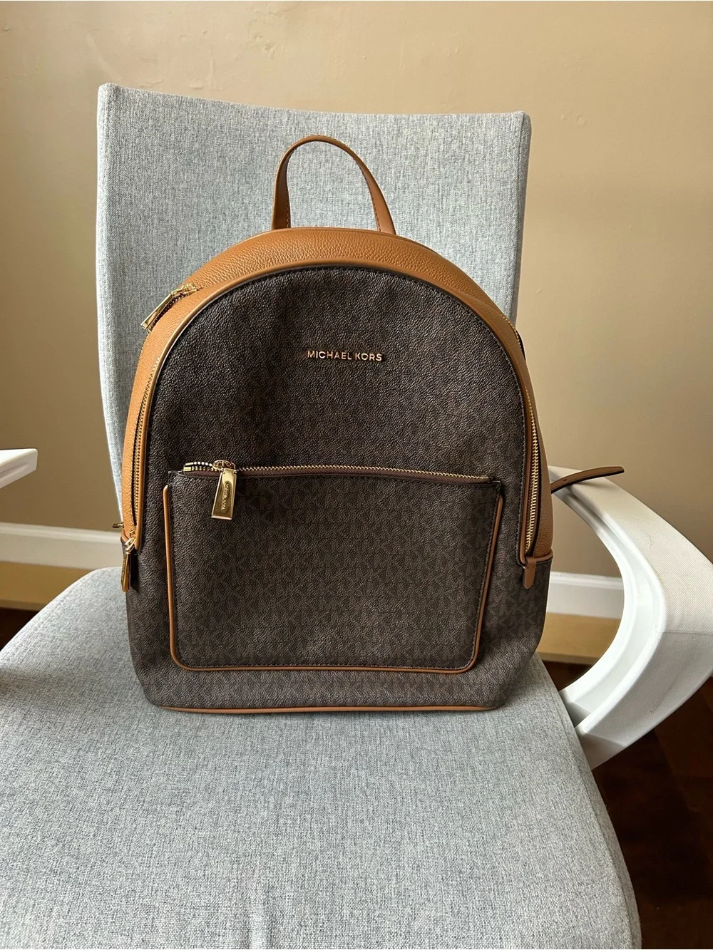 Michael Kors Brown Logo Backpack with Tan Trim